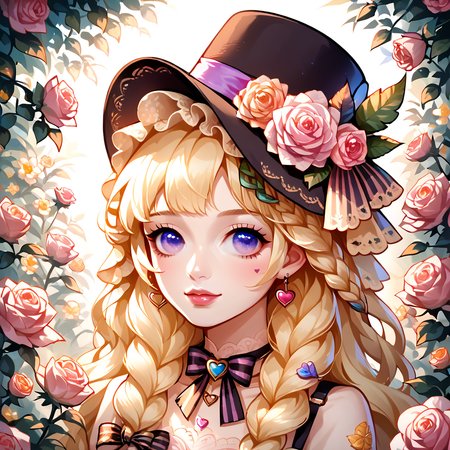 score_9, score_8_up, score_7_up, score_6_up, score_5_up, score_4_up, 
CuteStyle,scrambled, 1girl, flower, solo, hat, blonde hair, braid, rose, hair flower, heart, purple eyes, long hair, hair ornament, blue eyes, bow, portrait, ribbon, bangs,  
<lora:Cute_Style_pony:0.8>