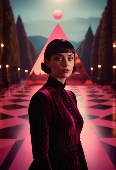cinematic film still of (The Shining film style), collage, mixed media, Pink Parisian aesthetic, a portrait of an extraordinary tale in the midst of a surreal landscape, circles, triangle, geometric shapes, iridescent colors, stunning background. dark and moody, a mesmerizing blend of light and shadow. masterpiece, absurdres, intricate details <lora:The Shining film style:0.8>, shallow depth of field, vignette, highly detailed, high budget, bokeh, cinemascope, moody, epic, gorgeous, film grain, grainy
