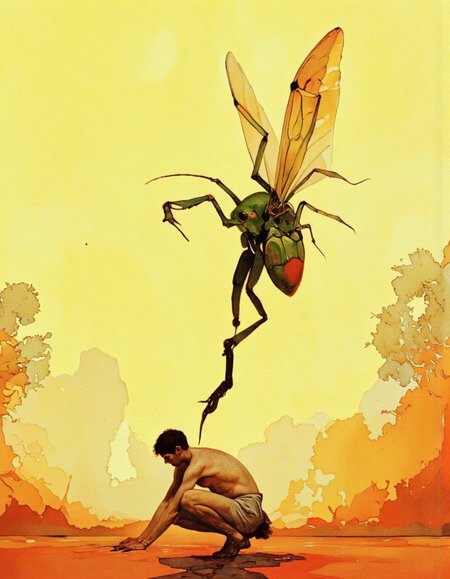 Art by Jeffrey Catherine Jones. A surreal, surrealistic painting from a top-down perspective, depicting a male figure in a crouched position against a large, green insect. the figure appears to be a man, with short black hair, and is completely nude. he is positioned in the middle of the image, with his upper body visible and his hands gripping the ground. the insect is positioned to the right of the figure, with its legs spread wide, as if it is about to take flight. the background is a gradient of yellow and orange hues, with a soft, dreamy atmosphere. the style is reminiscent of modern art, with bold lines and vibrant colors that bring the scene to life. the overall effect is one of surrealism and surrealism.