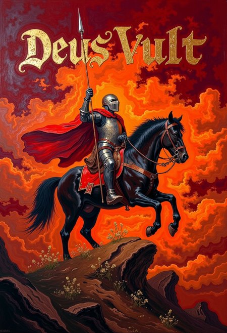 oil painting of a knight crusader on horseback with a pike pointed to the sky. Cloudy dark red sky.Text on screen in large golden rennaisance font "DEUS VULT" DB4RZ, DB4RZ style painting