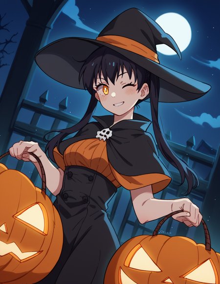 score_9, score_8_up, score_7_up, source_anime, <lora:tamaki-kotatsu-s1s2-ponyxl-lora-nochekaiser:1>, tamaki kotatsu, long hair, bangs, black hair, twintails, medium breasts, yellow eyes, orange eyes,, <lora:witch-ponyxl-lora-nochekaiser:1>, witch, hat, witch hat, dress, halloween, halloween costume, jewelry,, night, moon, blush, smile, one eye closed,, , dutch angle, cowboy shot
