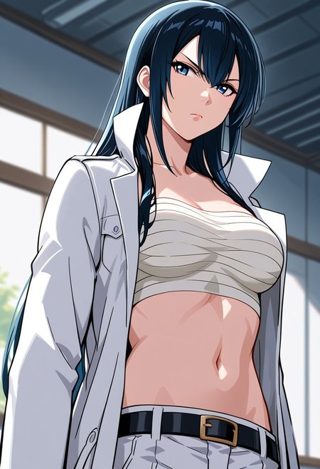 masterpiece, very aesthetic,8k,masterpiece, best quality, upper body, 1girl, aoikuni, dark hair, chest sarashi, midriff, navel, white trench coat, cargo pants, 1girl, sarashi, solo, long hair, blue eyes, navel, black hair, midriff, chest sarashi, open clothes, pants, blue hair, coat
, impressionism 1.5, high detail, depth of field, blurred background, dramatic lighting, school corridors,  ,SmoothNegative_Hands