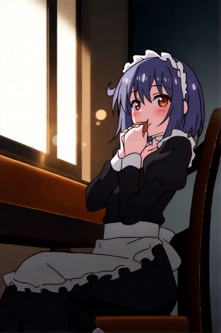 masterpiece, best quality, dark grey background, indoors, cinematic lighting, lens flare, amazing quality, very aesthetic, absurdres, best quality, newest, year 2023,  Suzu, maid costume, chair, eating, food, general, indoors, sitting, solo, blush, looking at viewer,  <lora:JN_Suzu_Illus:0.8>