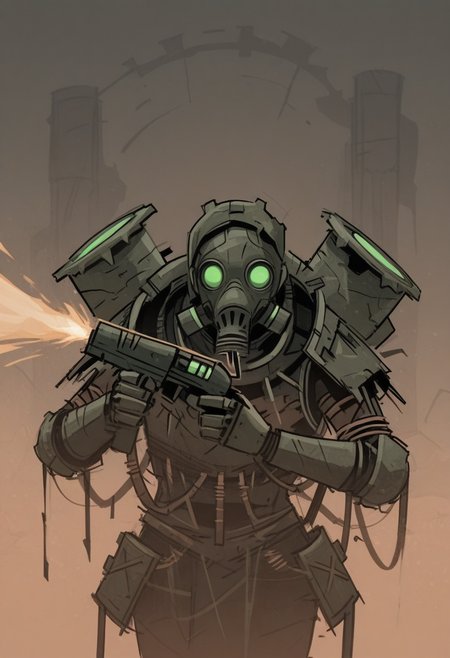 a13xstyle, sketch, masterpiece, best quality, solo,                                                                                    1girl, female, gas mask, coils and tubes from mask, green lenses, apocalpytic ruins background, action, upper body, holding plasma gun, makeshift armor from parts, 