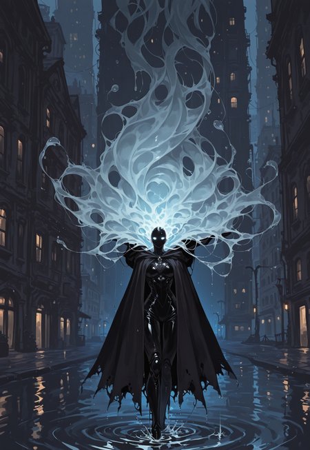 score_9, score_8_up, score_7_up, masterpiece, best quality, very aesthetic, 1girl, detailed face, (dynamic:1), water ethereal, water elemental, liquid, dripping, glowing eyes, in city, powerful, badass, cape, black body