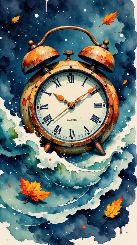 Jedwtclr, watercolor art, A surreal, steampunk-inspired scene featuring an oversized vintage alarm clock partially submerged in a tumultuous ocean. The clockâs weathered bronze casing and Roman numerals give it an antique look, with delicate engravings and bolts that suggest intricate craftsmanship. The background is a dark, starry night sky sprinkled with distant stars, giving a cosmic feel to the setting. The clock face glows with a soft blue hue, its hands frozen in a mysterious time, as though caught in a moment between worlds. The waves crash powerfully around it, with frothy whitecaps that splash against the metal, sending droplets into the air. Vibrant orange and yellow autumn leaves drift gently around the clock, defying the stormy waves and adding a touch of warmth and contrast to the dark, oceanic colors. These leaves appear untouched by the water, as if floating in their own dimension. The overall atmosphere is a blend of time, nature, and the elements, evoking themes of time standing still amid chaos and the inevitable passage of moments. This blend of fantasy and realism gives the image a dreamlike quality, as though the viewer is peering into a world where time, nature, and the cosmos converge ,  <lora:FluxWatercolor:1>