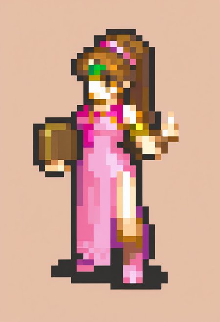 masterpiece, best quality, solo, 1girl,  <lora:FEGBA-Sprites-illus_Fp:1>, simple background, pixel art, full body, <lora:Linde-illus_Fp:1>, lindefe1, brown hair, brown eyes, ponytail, circlet, pink dress, armlet, side slit, holding book, very long hair,