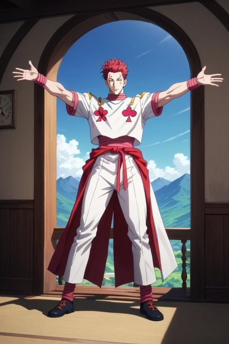 score_9, score_8_up, score_7_up, source_anime, rating_safe, , (realistic:0.6), looking at viewer, , 1boy, solo, male focus, <lora:hisoka_morow_pony:0.82>, hisoka_morow, red hair, yellow eyes, facial mark, star (symbol), straight-on, full body, mountain, indoors, dark, spread arms, :\3, , <lora:sdxl_lightning_8step_lora:1>