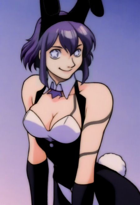 masterpiece, best quality, solo, 1girl, smile, looking at viewer, <lora:Darkstalkers-Ova-illus_Fp:1>, 1990s \(style\), retro artstyle, <lora:Tico-illus_Fp:1>, ticodesu2, purple hair, purple eyes, star-shaped pupils, short hair, playboy bunny, rabbit ears, rabbit tail, black pantyhose, tattoo, detached collar, cleavage, sleeveless, black gloves,