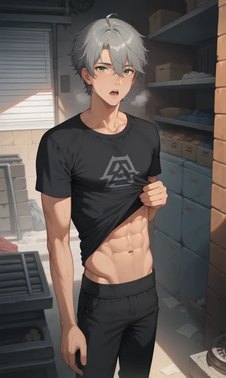 score_9, score_8_up, score_7_up, masterpiece, best quality, lots of details, close-up, angle view, ((1boy)), Wise, black t-shirt, slim, sweatdrop, ahoge, gray-green eyes, wipes the sweat off his forehead, dark pants, grey hair, shirt rolled up, solo, open mouth, heavy breathing, male focus, abs, navel, standing, looking at viewer, shaded, detailed shading, detailed skin, shaded skin, realistic shading, Expressiveh, countershading:1.1, garage, concrete wall, tool racks, indoors, <lora:add-detail-xl:0.7>, <lora:Smooth Anime 2 Style SDXL_LoRA_Pony Diffusion V6 XL:0.8>, <lora:Expressive_H:0.7>,  <lora:Wise_XL_V10_OPT:0.9>