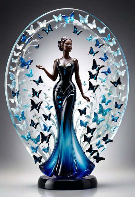 A silhouetted figure releases a swarm of glowing murano_glass_style  butterflies that form a face in the sky, half-painted, half-illustrated, minimalist still life meets theatrical impressionism, vibrant color blocking, dynamic composition, modern design with vintage drama, expressive lighting, structured geometry, soft pastel textures, stylized urban scenes, surreal object arrangements, elegant figures in motion, stage-like settings, crisp contemporary aesthetics, painterly atmosphere, emotional abstraction, clean design infused with narrative flair, visual poetry through shape and gesture