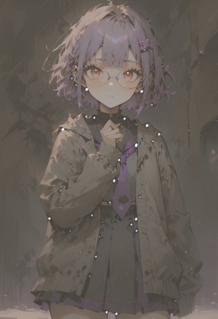 ((((((masterpiece)))))), ((((((best quality)))))), ((((((very aesthetic)))))), ((((((absurdres)))))),1girl, solo, female, yuzukiyukara_shizuku, purple hair, bangs, short hair, hair ornament, hairclip, purple nails,  Under-rim glasses, silver-colored glasses, hooded cardigan, open cardigan, hoods down, rabit print, school uniform, purple necktie, serafuku, long sleeves,  zettai ryouiki, black sneakers, modern college girl, forehead,  slight bedhead, pale skin, warm brown eyes, thin eyebrows,  cute, college, dramatic lighting, pretty girl, (young), very kawaii, kawaii, eyeliner, floating, clear detailed face, simple background , perfect girl, beautiful, Expressiveh,standing, detailed face, perfect lighting, pretty girl, very kawaii, kawaii, clear detailed face, perfect eyes, looking at viewer, slim waist, ((small eyes, slanted almond shaped eyes, expressive eyes)), perfect skin, foundation, soft looking skin, eyeliner, mascara, ((small face)),