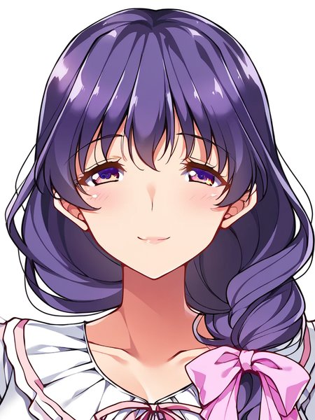 score_9, score_8_up, score_7_up,  
1girl, takatsuki sawako, purple hair, low-tied long hair, pink ribbon, hair over shoulder, purple eyes, huge breasts, mature female, 

face, close-up, smile, closed mouth, looking at viewer, white background, white t-shirt, frilled shirt,
