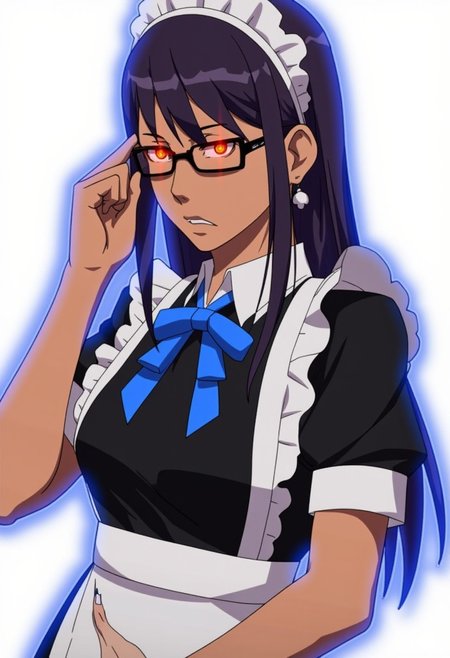 Anime-styled illustration close-up portrait of the character Kakudate Karin from the Blue Archive video-game. 
A detailed image of a young woman with a sophisticated and serious expression. She has long, straight, dark purple hair that cascades down her back, and her skin tone is dark. Her eyes are sharp and piercing, with a striking golden-yellow color, with a bright, glowing red light in the center of each pupil which stand out, adding intensity to her gaze. She wears black-framed glasses, which she adjusts with one hand, giving her a thoughtful or analytical appearance.
The character is dressed in a traditional maid outfit, which includes a black dress with white accents. The dress has short sleeves with white cuffs, and she wears a white apron over it. A blue ribbon is tied in a bow at the collar, adding a pop of color to the otherwise monochrome outfit. On her head, she wears a white maid headband, which contrasts with her dark hair.
Her posture is upright and confident, with one arm crossed under her chest while the other adjusts her glasses. The background should be simple or transparent to emphasize the character's design.
Kakudate Karin is highlighted by a faint glowing blue outline around it, indicating that they might be using or preparing to use some sort of power or ability. C0NTR4CT0R