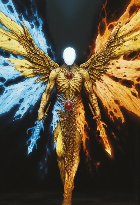 b3rs3rk first person d4concept pov, 3D01S, simple background d4artstyle atmospheric and powerful MikeFranchinastyle dark fantasy, natural organic and first person pov of a berserk style creature
A Tsutomu Nihei style 
Ethereal angelic warrior in three aspects - divine light, frost, and flame. Faceless silhouette with glowing eyes, massive detailed wings transitioning between states: burnished gold feathers with intricate baroque patterns, crystalline ice-blue plumage with sharp angular edges, and living flames with ember-like feathers. Ornate armor morphing from golden celestial engravings to jagged frost plates to molten metal. Wielding elemental greatswords - one with ruby pommel radiating holy light, one of pure crystalline ice, one blazing with intense flames. Flowing robes beneath armor shifting between white silk, misty vapor, and living fire. Multiple light sources: warm golden radiance, cool blue glow, and intense orange flame illumination. Dramatic atmospheric effects with swirling divine smoke, ice crystals, and fire embers. Hyper-detailed texturing on feathers, armor, and weapons. Professional fantasy art lighting emphasizing ethereal nature, ultra-high resolution, painted in epic fantasy style. Background features ethereal fog and elemental energy.
UHD letterboxed game trailer frame chromatic aberration dark atmosphere sharp masterpiece with a focus on the character, elden ring style, dark atmosphere, chromatic aberration
