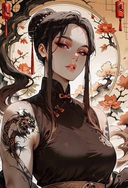 masterpiece, best quality, 32k, high resolution, absurdres, Chinoiserie, Mei, MeiRH,  1woman, mature woman, chinese woman, Very long black hair, brown gradient hair, high hair bun, brown eyes, asian eyes, pale skin, medium breasts,  full right arm tattoo, big back tattoo,  portrait, face closeup, front view, sleeveless Chinese dress, color splashes background, aesthetic, detailed eyes,  upper body, looking at the viewer, parted lips