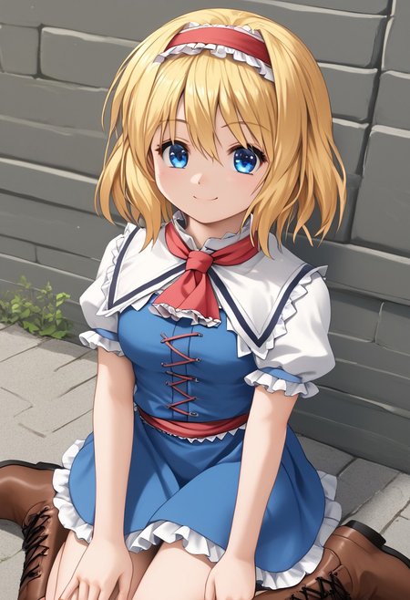 score_4,score_5,score_6,score_7_up,score_8_up,score_9
((masterpiece,best quality,ultra detailed,highres,HD,4k:1.2)),
1 cute girl,solo,
aliceN,alice margatroid, medium hair, blonde hair, blue eyes, ,red hairband,frilled hairband,
white capelet, blue dress, frilled dress, frilled ascot, red ascot, puffy short sleeves, brown footwear, cross-laced footwear, boots,
smile,