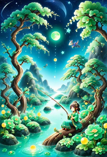 Sinoink, score_9, score_8_up, score_7_up, score_6_up, 1girl, chibi,  sitting on tree branch, holding a fishing rod, made out of jade, fresh, refreshing iridiscent, night sky, candy moon, candy stars, magical orchard , bokeh, midjourneyv6.1