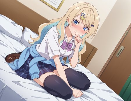 score_9, score_8_up, score_7_up, source_anime,
lunashirakawa, <lora:luna-shirakawa-s1-ponyxl-lora-nochekaiser:1>,
luna shirakawa, long hair, blue eyes, blonde hair, hair ornament, bow, multicolored hair, hairclip,
skirt, shirt, thighhighs, bow, school uniform, white shirt, pleated skirt, shoes, black thighhighs, bowtie, blue skirt, plaid, plaid skirt, loafers, purple bow, clothes around waist, gyaru, purple bowtie,
indoors, bed, bed room, on side, blush, drunk,
looking at viewer, dutch angle, cowboy shot,