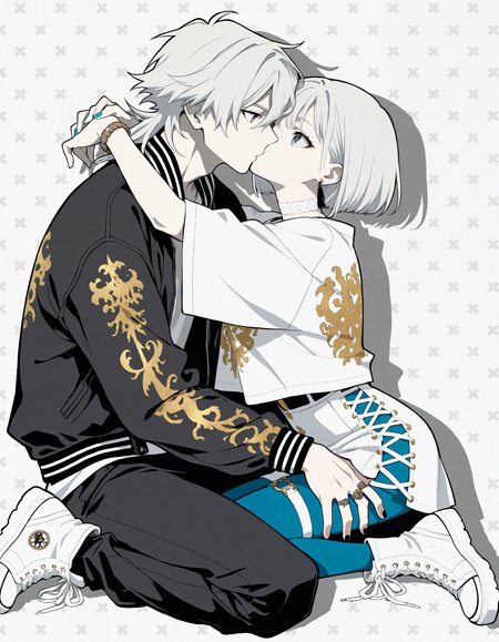 (flat_colors:1, anime_coloring, vector_trace:1), incredibly_absurdres, very_aesthetic, dutch_angle)
(MCHI-Illu, patterned_background, muted_colors, spot color, three-quarter_view, bracelet, white_theme, white_skin, 1girl, 1boy, gold design print, white hair, pontyail, short hair, mullet, hetero, couple, white shirt, blue nails, black jacket, white choker, black nails, earrings, rings, hugging, arms_around_neck, sitting, seiza, blue pantyhose, sukajan, thigh strap, torn_clothing, sneakers, lace-up_boots, white shoes, drop shadow)