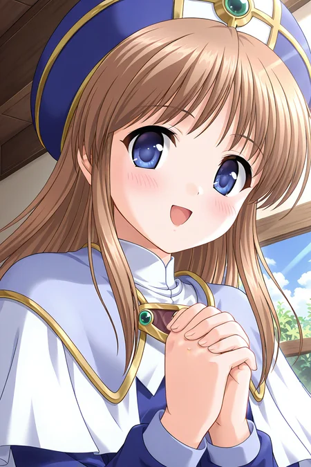 masterpiece, best quality, absurdres, official art, official style, zPDXL2, zPDXLxxx, rating sensitive, sexually suggestive, nsfw, uncensored BREAK <lora:sylphycloud_IL_v1-1:0.7>, sylphy cloud, 1girl, solo, blue eyes, brown hair, long hair, bangs, flat chest,
priest, hat, blue headwear, gem, brooch, turtleneck, pendant, layered capelet, light purple capelet, white capelet, robe, blue dress, long sleeves, own hands together, own hands clasped, open mouth, blush, smile, :d, fingernails, looking at viewer, interlocked fingers, praying, upper body, close-up, indoors, happy, cross, sunlight, lily pad, portrait, scenery, flower