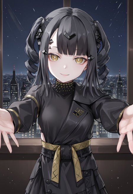 Nimogen, blunt bangs, black hair, black dress, long hair, twintails, sleeves past wrists, long sleeves, yellow eyes, hair ornament, small breasts, drill hair, pale skin, yellow sash, twindrills,

looking at viewer, head tilt, hand up, outstretched arms, reaching toward viewer, half-closed eyes, evil smile, 
 
window, city, cityscape, dark, night, night sky,

1girl, solo, solo focus, highres, absurdres, light particles, shade, lens flare, shiny skin, fine fabric emphasis,