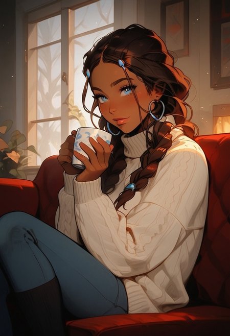 score_9, score_8_up, score_8_up, 
1girl, ((Katara, dark skin, dark hair, blue eyes, braids, small perky breasts, perfect eyes, pretty eyes, white winter sweater, sweater, jeans, no boots, black socks, no cap)),
Sitting on red couch in cozy living room, from side, happy, looking at cup in her hand, (holding steaming tee cup in both hands:1.4), enjoying cup of tea, feet on couch,
cold winter night, warm frontal light, warm light, full body visible, wide shot, Expressiveh