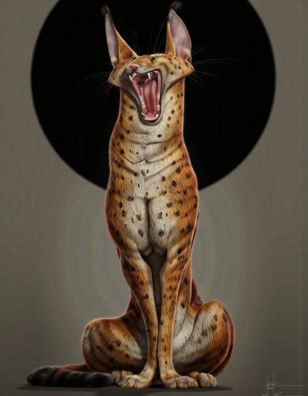 Art by Jean-Baptiste Vendamme. A digital illustration shoot from a frontal camera angle about a stylized caracal cat with a playful expression, sitting in front of a large black circle. the image also shows a simple gradient background with a black circle in the background. on the middle of the image, a full-body shot of a caracali cat, who appears to be sitting on its hind legs, looking up at the viewer with its mouth open and its tongue out, showing its sharp teeth and green eyes. the cat is positioned in the center of the frame, with its full body facing the viewer and its tail curled around its body. its fur is a mix of brown and white, with a fluffy texture, and its ears are perked up, giving it a curious expression.