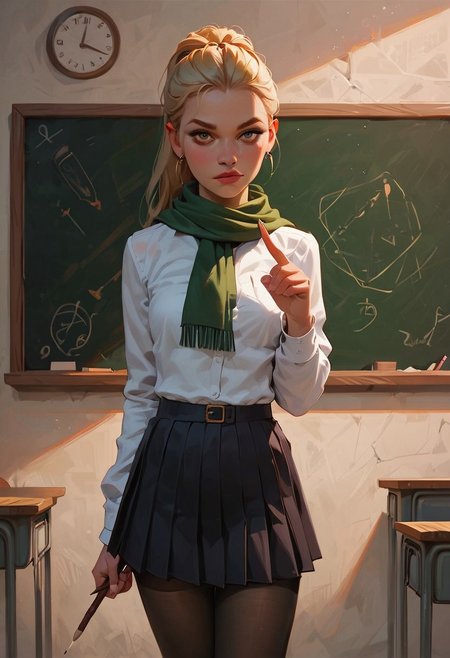 score_9_up, score_8_up, score_7_up, score_9_up, score_8_up, score_7_up, best quality, ultra highres, Casual, Expressiveh, g0thicPXL, fFaceDetail, 
indoor, classroom, school,
BREAK
1 blonde woman, teacher, long hair, ponytail, confident face, 25 years old, slender, small breasts, pleated skirt, black skirt, white dress shirt, green scarf, black pantyhose, looking at viewer,
standing at chalk board, long pointing stick in hand, chalk in hand,
original, perfect lighting, realistic skin, close up,