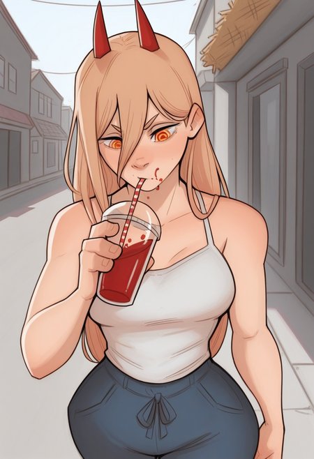 w311ingt0n, masterpiece, best quality, solo,                                                                                                                              power \(chainsaw man\),  red horns, drinking blood smoothie, straw, street,