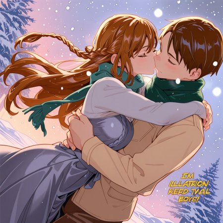highres,ultra-detailed,illustration,colorful,masterpiece,extremely detailed,8k , manga art style , single panel , (1girl ,silver braided hair, flowing teal dress) , (1boy ,brown curls, ivory shirt,  green scarf) , boy embraces girl gently from behind , winter , snowing , kisses neck , soft lighting