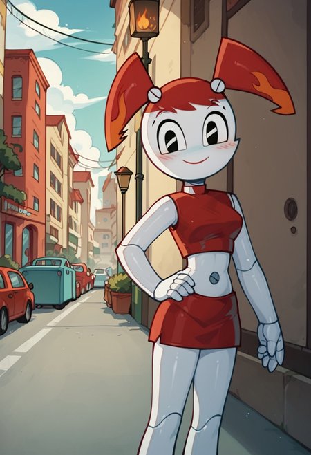 score_9, score_8_up, score_7_up, 1girl, solo, Jenny, hot rod jenny, jenny wakeman, 1girl, solo, robot joints, twintails, red hair, black eyes, orange flame accents, white skin, joints, android, red crop top, red skirt, smile, closed mouth, red blush, looking at viewer, hand on hip, detailed background, outdoors, urban, modern, <lora:Jenny_Wakeman_PDXL_V2:1>,