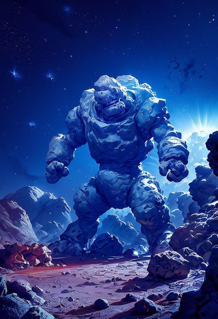 score_9,score_8_up,score_7_up, automaton:.7, 
giant rock golem, rough rocks, rough stone, unpolished, dirty, ancient, STANDING, OUTERSPACE, STARTS, ASTEROID ROCK, SPACE, NIGHT