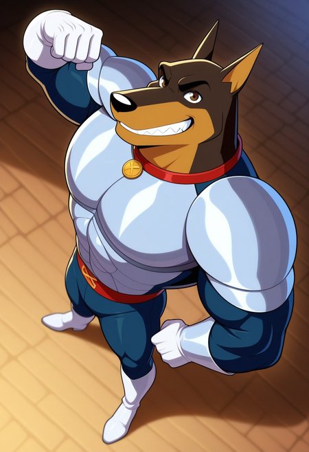 blitz, solo, doberman, furry, grin, detailed eyes, perfect eyes, brown fur, brown eyes, muscular, bara, athletic build, large pectorals, manly, mature, dynamic angle, armor, shoulder armor, collar, white gloves, white boots, flexing, from above, close up, unparalleled masterpiece, best quality, amazing quality, very aesthetic, high resolution, 4K, extremely-detailed, depth of field, separate focus, high sharpness, newest, scenery, detailed fur, detailed muscles, cinematic lighting, <lora:BlitzRR:0.8>
