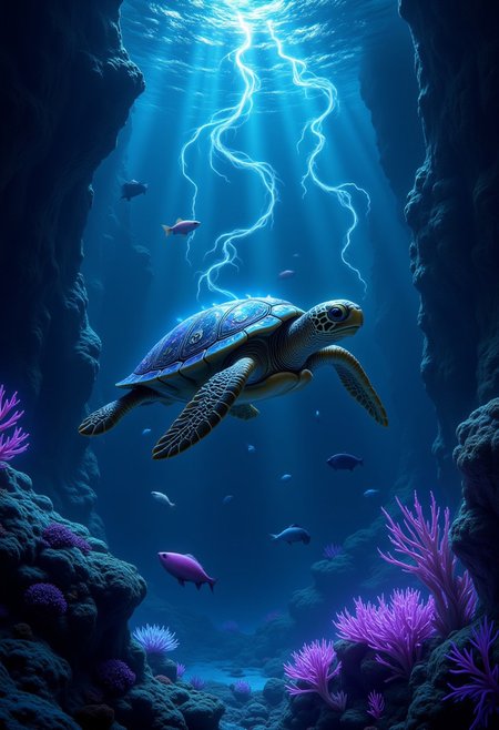 aidmaMJ6.1, aidmaimageupgrader, An extremely detailed, dark fantasy scene featuring a cute yet mysterious turtle swimming through an enchanted ocean. The water is deep and dark, with swirling currents of magical energy glowing faintly in vibrant, eerie hues—neon purples, deep blues, and glowing greens—casting an otherworldly light across the ocean depths. The turtle’s shell is beautifully detailed, but instead of natural patterns, it is adorned with shimmering arcane symbols and faintly pulsating runes, hinting at its magical nature. It glides effortlessly through the water, surrounded by magical water streams that swirl around it like living entities. Below, a fantastical coral reef stretches across the ocean floor, but unlike a typical reef, it’s composed of glowing, crystal-like formations and dark, bioluminescent plants that pulse with dark magic. The fish are replaced by shadowy, ethereal creatures that flicker in and out of existence, adding an eerie yet captivating feeling. Soft beams of mystical light pierce through the water from above, creating glowing trails as they interact with the turtle’s magical aura. The entire scene is infused with a sense of awe and wonder, filled with dark magic and surreal beauty, capturing both the charm of the turtle and the mysterious, magical world it inhabits.