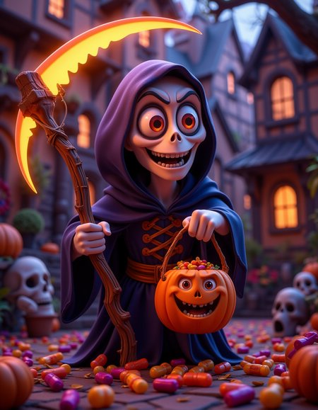 A small, cute Grim Reaper with oversized eyes and a glowing scythe, holding a candy bucket. The reaper has a friendly smile, creating a playful but creepy effect. Cute and spooky Halloween theme, 4K.
 <lora:Cute_3d_Cartoon_Flux:0.6>