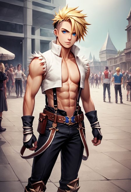 score_9, score_8_up, score_7_up, rating_explicit, BREAK; 1boy, twink, multiple ear piercings, perfect face, detailed face, blue eyes, detailed eyes, undercut hair, blonde hair, highlights, spiky hair, right nipple pierced, lean, pecs, 6 pack abs, defined abs, toned legs, toned arms, toned ass, whitesmith-ro, open clothes, fur trimmed shirt, belt, suspenders, sleeveless, <lora:whitesmith-pdxl-lora:1>,  cowboy shot, ragnarok online, convention center, crowds, cosplay, fantasy, full body, boots, black pants, gloves, model pose, best quality, detailed face, perfect skin, dynamic pose,