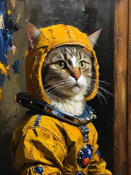 masterpiece,best quality,<lora:tbh122-sdxl:0.9>,portrait of cat astronaut,oil painting,style of Jan Vermeer,