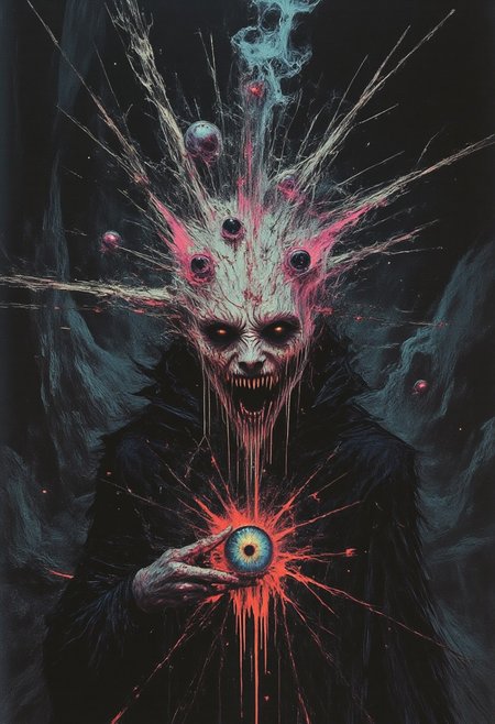 A surreal and nightmarish scene of a crazed girl with multiple glowing eyes scattered unnaturally across her face and body, each eye pulsating with vivid neon colors of electric blue, fiery pink, and venomous red. She stands in the eerie glow of a dark fantasy environment, her twisted grin both mesmerizing and unsettling. Her outstretched hand offers a single, glowing eye directly to the viewer, its gaze piercing and alive, as if holding the essence of madness itself.
Her skin is pale and sickly, adorned with intricate, vein-like patterns that emit faint light. Strands of her wild, unkempt hair float weightlessly, glowing faintly in the dim atmosphere. The background is a swirling haze of fog and neon light particles, creating an ominous yet vibrant backdrop. Shards of light and shadow collide dynamically, casting intricate, jagged patterns around her, heightening the sense of chaos and insanity.
The composition is highly detailed, with every texture—her cracked fingernails, the faint scars on her face, and the glistening surface of the glowing eye she holds—rendered with exceptional clarity. Perfect shading and sharp focus bring depth to the scene, while the high-contrast lighting casts an otherworldly glow that accentuates her deranged expression. The atmosphere is thick with dread and surreal beauty, a masterpiece of dark fantasy that captures the essence of visionary madness and eerie allure.
,detailed textures, great lighting,  best quality,  masterpiece,close-up