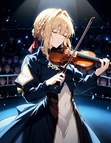 score_9, score_8_up, score_7_up, best quality, highres, absurdres, source_anime, uncensored, rating_explicit,
solo, <lora:Violet_Evergarden:0.7> violet evergarden, blonde hair, green eyes, expressionless,
 <lora:Playing Violin (pony) v1:1> playing-violin, violin, holding, bow \(music\), playing violin, closed eye, standing,
concert hall, black dress, spotlight, long dress, audience