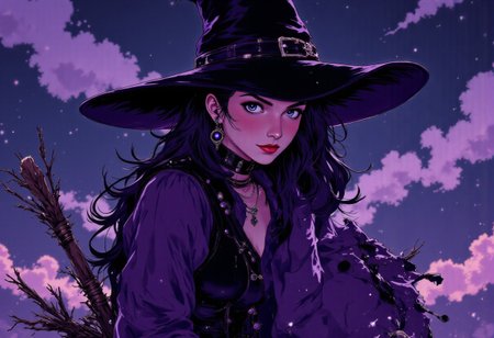 woman stands shrouded in witch's costume. Atop her head sits a triangular witch hat, tall and imposing with a wide brim that casts mysterious shadows across her face. The hat is midnight black with subtle purple shimmer woven into the fabric, adorned with a tarnished silver buckle and wispy dark feathers along its base.
A fitted bodice of deep violet velvet hugs her torso, laced tightly with black satin ribbons that criss-cross down her front. The sleeves billow dramatically from shoulder to wrist, where they taper to pointed cuffs embellished with intricate silver embroidery depicting arcane symbols. Her floor-length skirt flows in layers of tattered black silk and sheer mesh, revealing glimpses of striped stockings and knee-high boots with pointed toes and silver buckles. Around her shoulders drapes a frayed cape that appears to move with a life of its own, its edges dissolving into wisps of shadow. Her neck is adorned with multiple silver necklaces bearing strange pendants and crystals. Most striking is her face – undeniably beautiful with high cheekbones, porcelain skin, and mesmerizing eyes that seem to shift between emerald and violet. Yet her beauty is twisted by an unsettling smile that stretches too wide across her face, in  a grimace of sadistic pleasure. Her cold eyes only calculated malice and a predatory glint that suggests she's enjoying thoughts no sane person would entertain.anime,
full body, sitting on a horizontal flying broom, bending knee