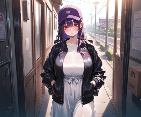 masterpiece, best quality, amazing quality, 1girl, solo,  purple hat, long hair, dark purple hair, red eyes,  backpack, white dress, black jacket,  looking at viewer,  tall female ,delivery,  <lora:Kakuchou no Okina style ILL-v2:1> kakuchounookina
