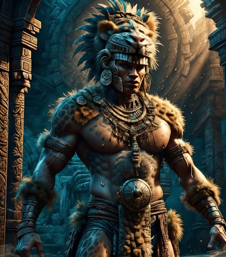 RAW photo, (masterpiece:1.3), subsurface scattering, heavy shadow, (high quality:1.4), (intricate, high detail:1.2), professional photography, HDR, High Dynamic Range, realistic, ultra realistic, photorealistic, high resolution, film photography, ambient lighting, atmospheric effects, <lora:detail_slider_v4:2>, OverallDetail, a male warrior wearing leopard furs, necklace, loincloth, muscular, <lora:Aztec_Architecture:0.76>, <lora:AztecChar:0.8>, aztar,