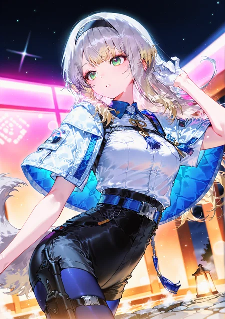 zPDXL3 Real score_9, score_8_up, score_7_up, score_6_up source_anime, highly detailed, sharp, intricate details, rating_safe rating_sensitive, rating_explicit, masterpiece, best quality, good quality, bright eyes light particles lens flare amazing quality, very aesthetic, very awa, absurdres, newest,
<lora:yoneyamaiXLNBVP1lokrV6311PZ:0.5>, <lora:nyaliaXLillokrV531:0.5>
<lora:nhl-001:0.4> nhl-001 film grain multicolored background  <lora:ponyv4_noob1_2_adamW:0.4>
medium breasts, dynamic pose, dynamic angle,
optical illusion, ssambatea, quasarcake, Fishine, arutera, soresaki, reoen, sanbonzakura, askzy, negative space, see-through, made of, neon light, detailed background,
onsen.
niji-ruri, green eyes,multicolored eyes,gray hair,blonde hair,multicolored hair,gradient hair,dog tail,gray tail,long hair,sidelocks,black hairband,
niji-ruricos1,white shirt,short sleeves,blue neck tassel,harness,blue belt,holster,bottom belt,hip holster,high-waist shorts,tight shorts,black shorts,white gloves,half gloves,blue pantyhose,pantyhose under shorts,thigh strap,
poncho jacket,white capelet,
 <lora:niji-ruri:0.7>
