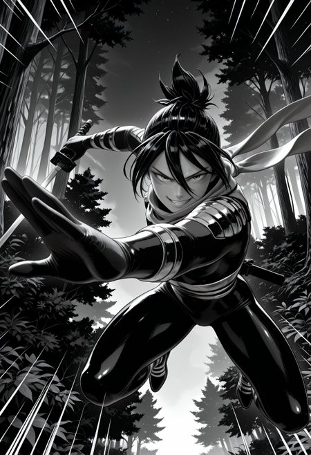 SmoothNoob_Quality, (Murata Yuusuke:1.5), manga style, (greyscale:1.1), 1boy, onsoku_no_sonic, evil grin, facial mark, folded ponytail, bodysuit, scarf, hair between eyes, holding sword, night sky, forest, looking at viewer,  fighting stance, emphasis lines, trees, midair,  full body, foreshortening,  <lora:Sonic:1>
