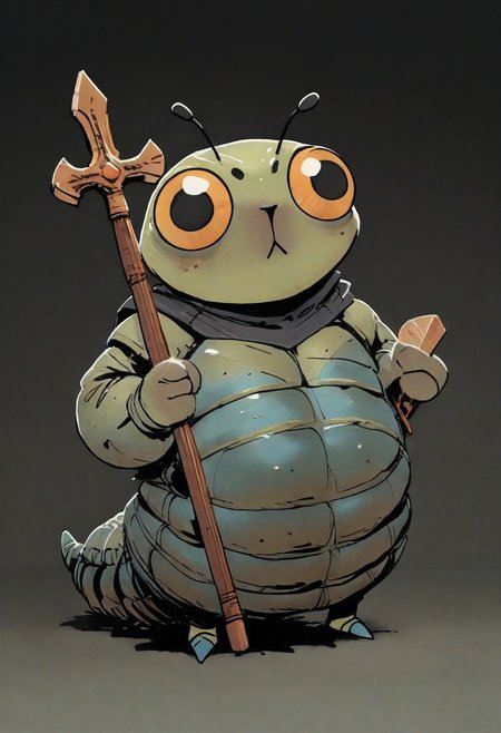 (masterpiece, best quality, high quality, highres), very awa, highres, absurdres, intricate detailed, 
ROOT, solo, full body, close to viewer, (no humans:1.1), eyes, 
1boy, (caterpillar:1.1), Bishop, holding, weapon, posing,
