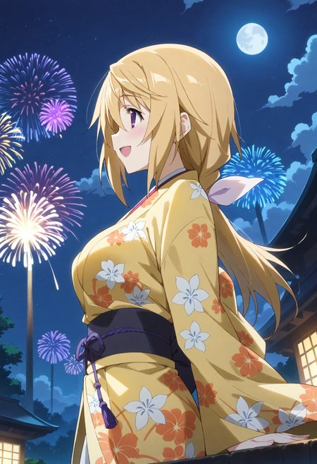 score_9, score_8_up, score_7_up, source_anime, masterpiece, best quality,perfect anatomy,rating_sage,charl, other,yellow flower print kimono,large breasts,blush,tareme,drooping eyes,shiny skin,outdoors,night,moon,fireworks,starry sky,,dynamic angle,dutch angle,solo focus,side view,smile,happy,looking up <lora:charl.pony:1>