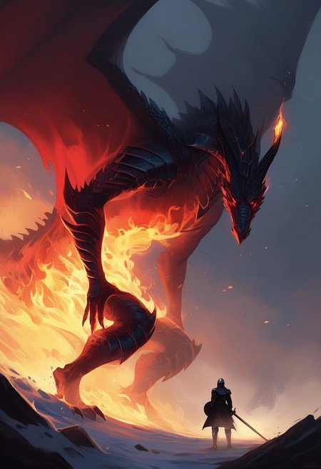 zPDXL3, Highly detailed and dramatic digital artwork featuring an epic confrontation between a knight and a dragon, set in a snowy but volcanic landscape under a dark, ominous sky. Mystical Rock dragon, towering and menacing, has glowing red eyes and fiery breath, casting an intense thunderous yellow glows that contrasts with the cold blue tones of the environment. The knight wears colorful patriotic armor, volcanic sword and a protective shield, ready to for battle in an aggressive pose. The composition is dynamic, with the dragon's massive form dominating the background, while the knight is positioned in the foreground, creating a sense of scale and tension. The use of light and shadow enhances the dramatic atmosphere, with red embers floating through the air, adding to the sense of impending conflict