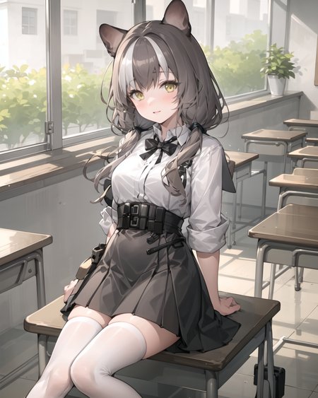 arknights_honeyberry,school uniform,yellow eyes, grey hair,multicolored hair,twintails,black thighhighs,sitting, outdoors,arms behind back,classroom,windows,