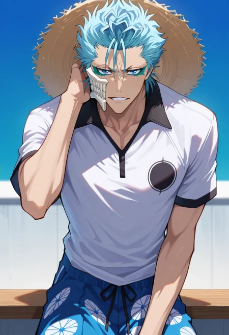 masterpiece, best quality, , , looking at viewer, , 1boy, solo, male focus, <lora:grimmjow_jaegerjaquez_ilxl:1>, grimmjow_jaegerjaquez, blue hair, blue eyes, facial mark, arrancar, mask, short hair, , Marble Board shorts with print, Rugby shirt, , Straw hat,